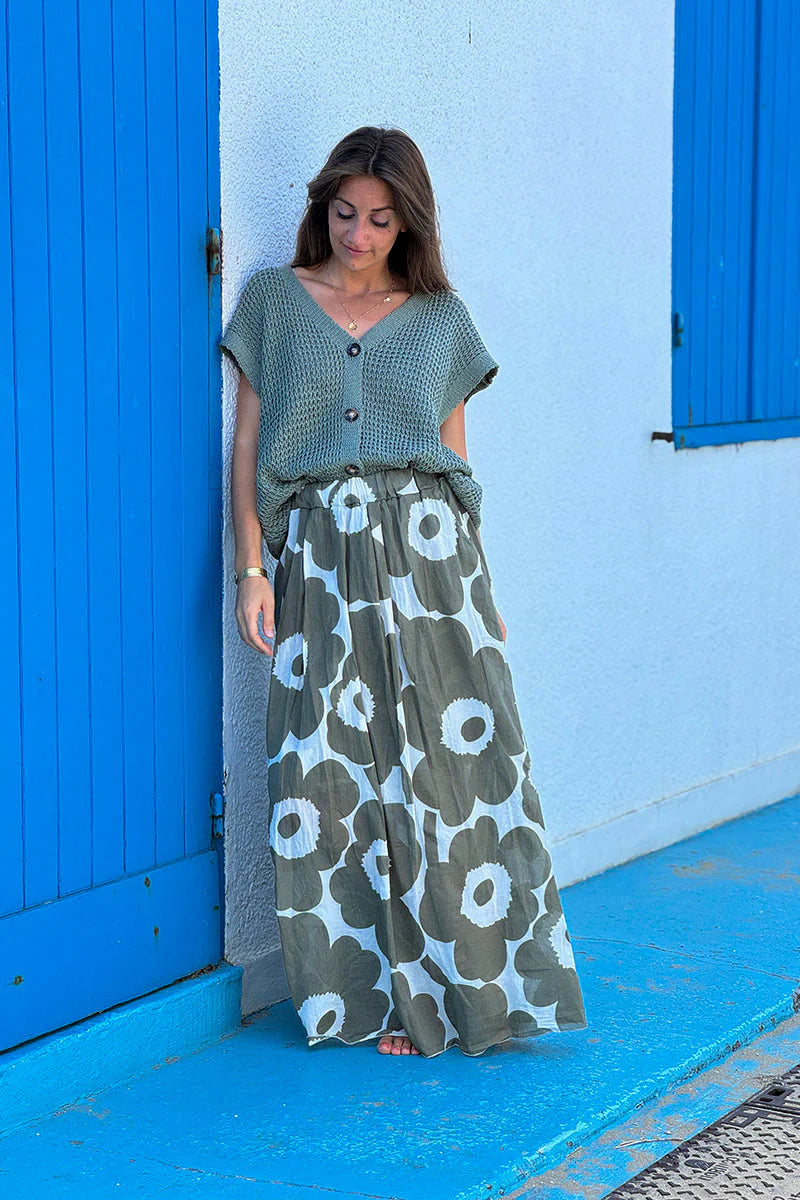 Olive Floral Maxi Skirt with Pockets