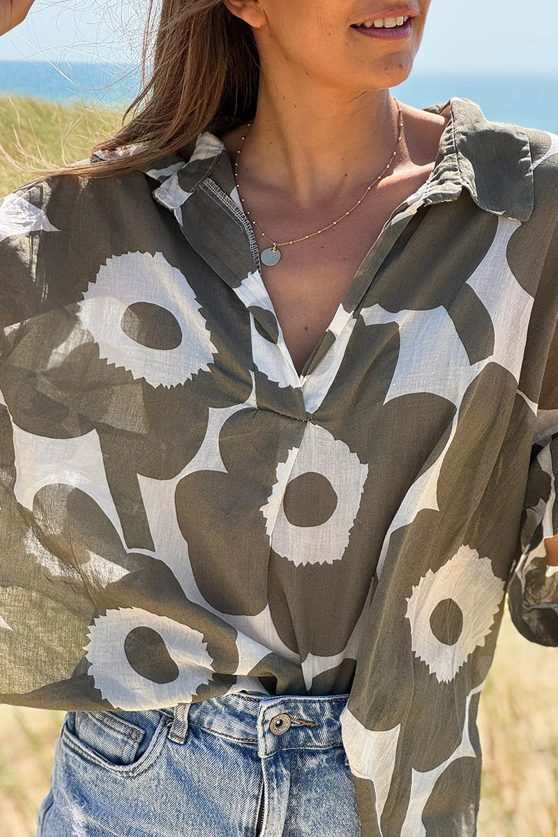 Olive Flower Power Poplin Tunic
