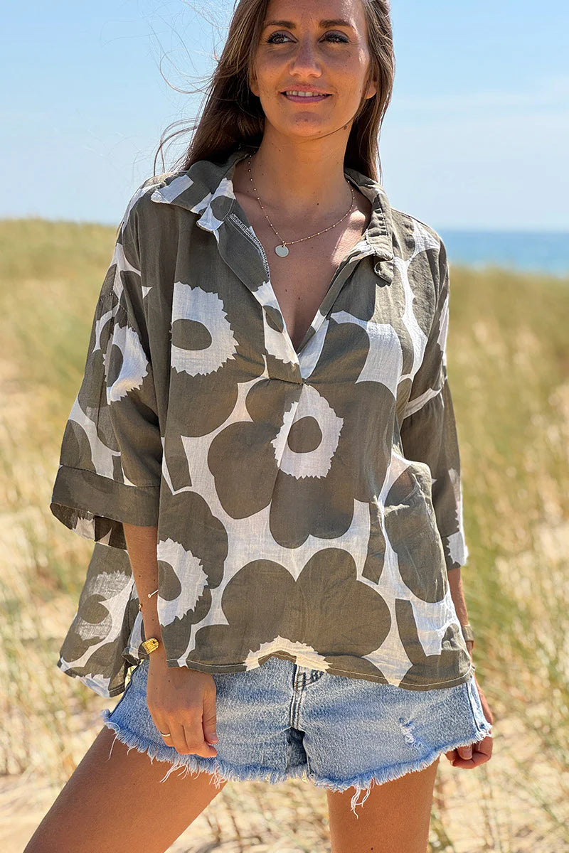 Olive Flower Power Poplin Tunic