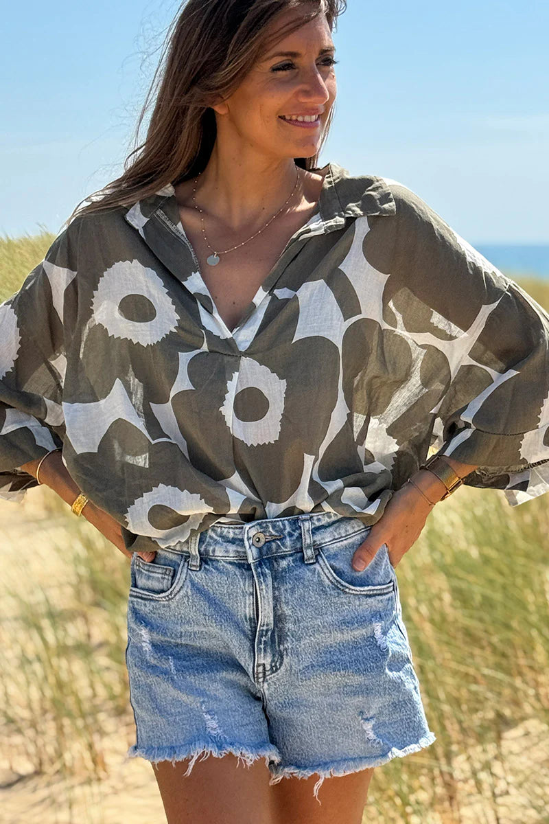 Olive Flower Power Poplin Tunic