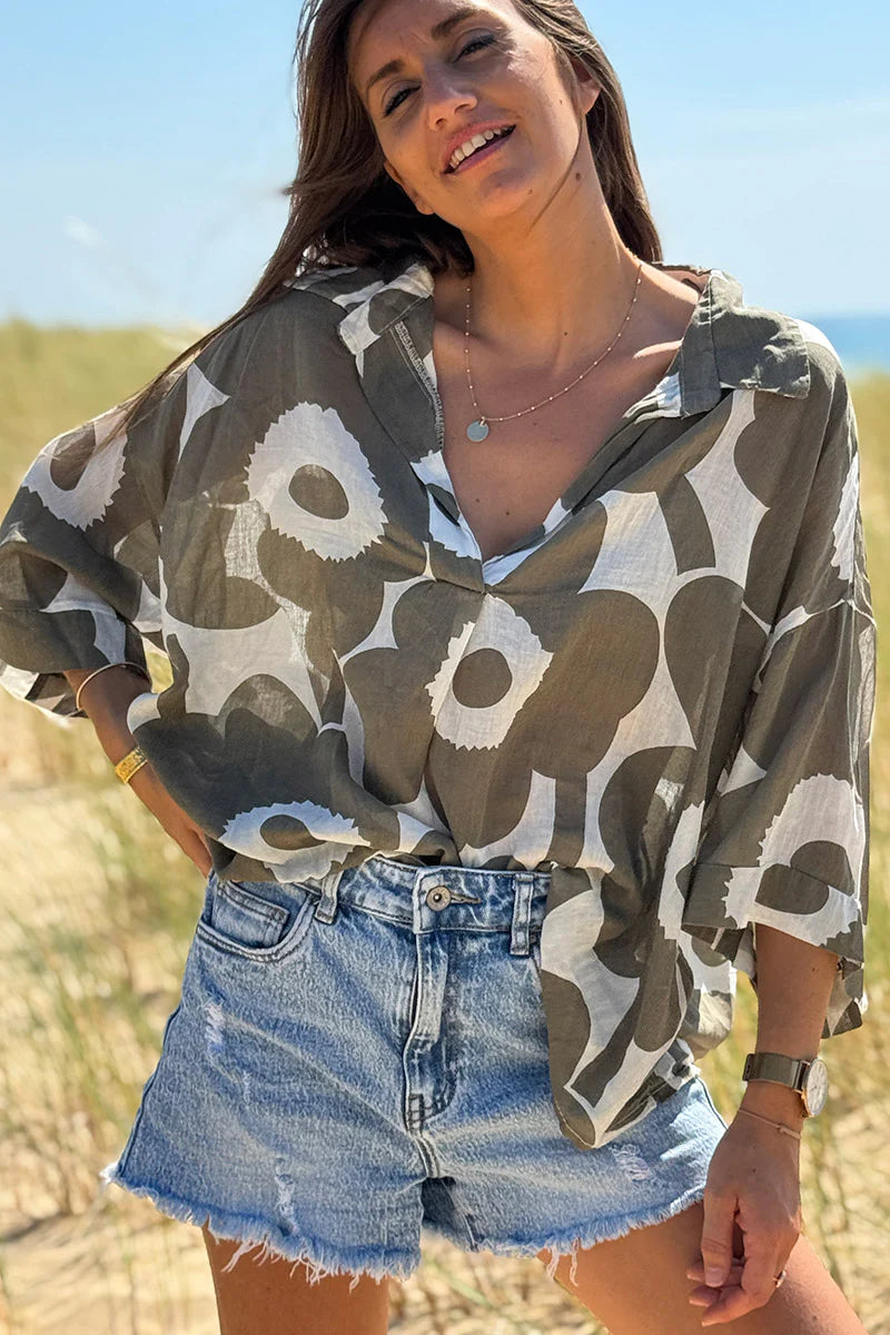 Olive Flower Power Poplin Tunic