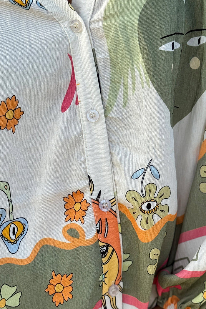 Olive Border Print Mystical Heart Boho Blouse
