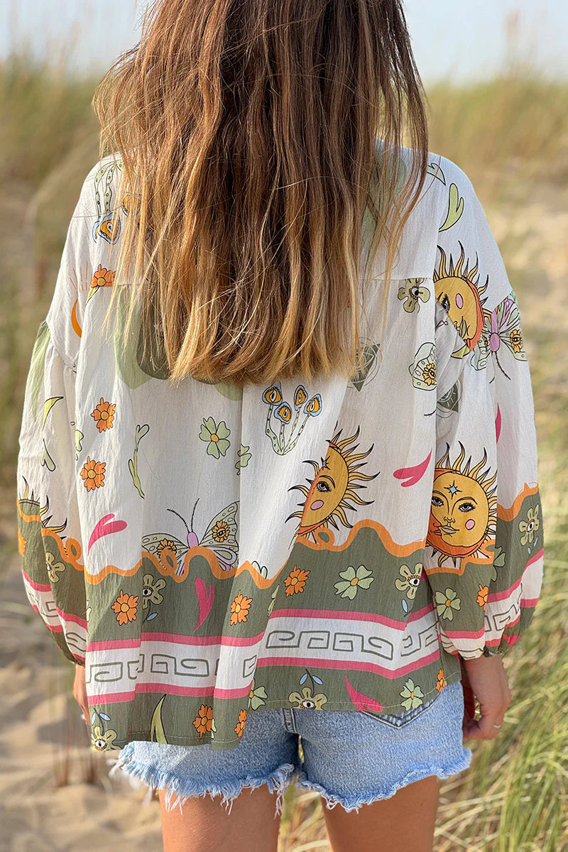 Olive Border Print Mystical Heart Boho Blouse