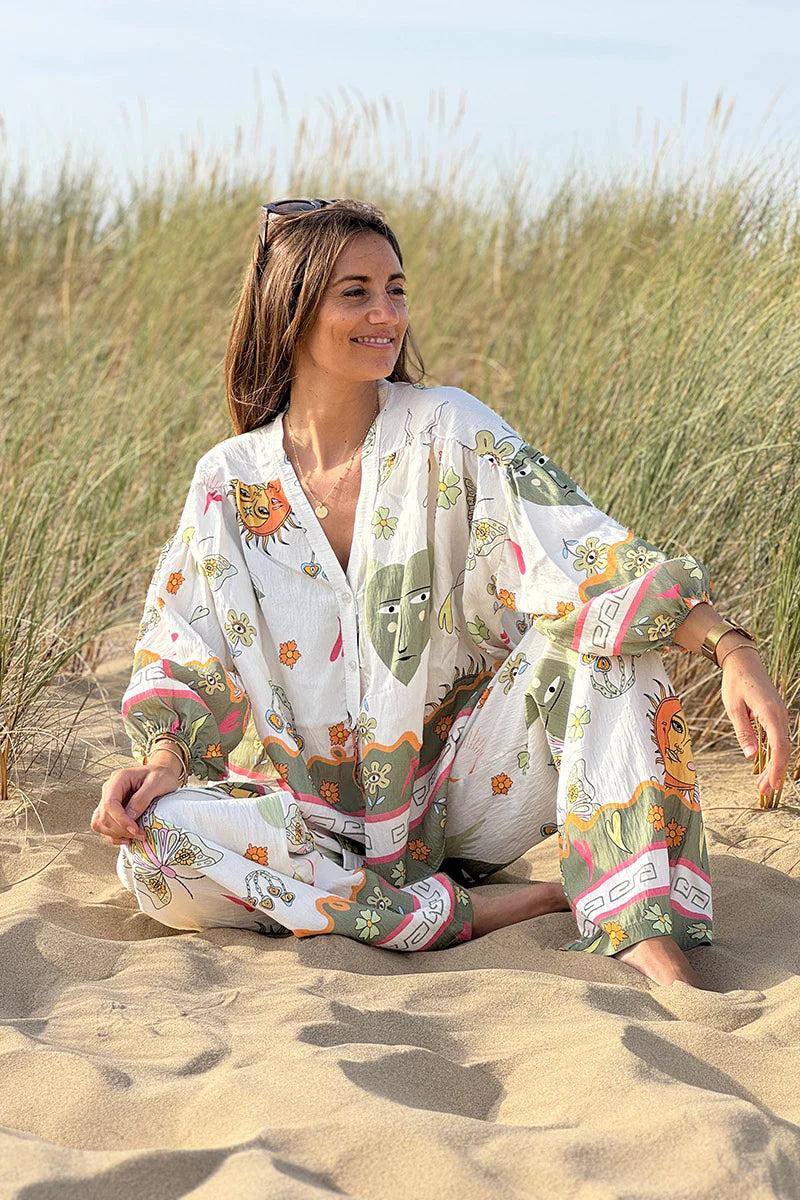 Olive Border Print Mystical Heart Boho Blouse