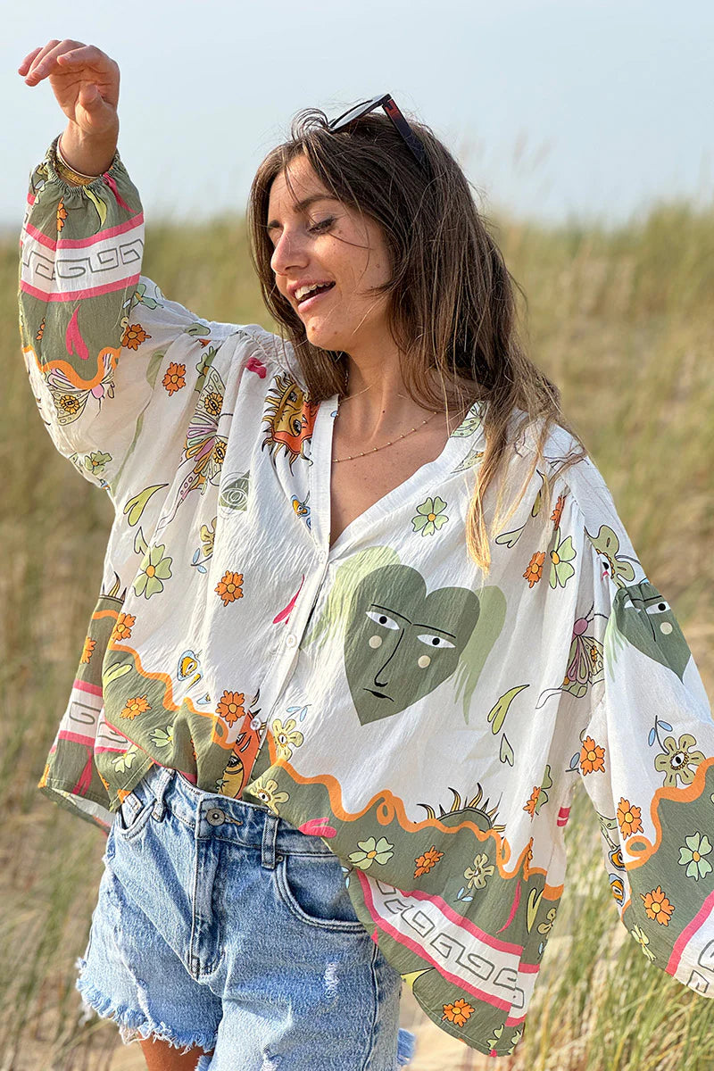 Olive Border Print Mystical Heart Boho Blouse
