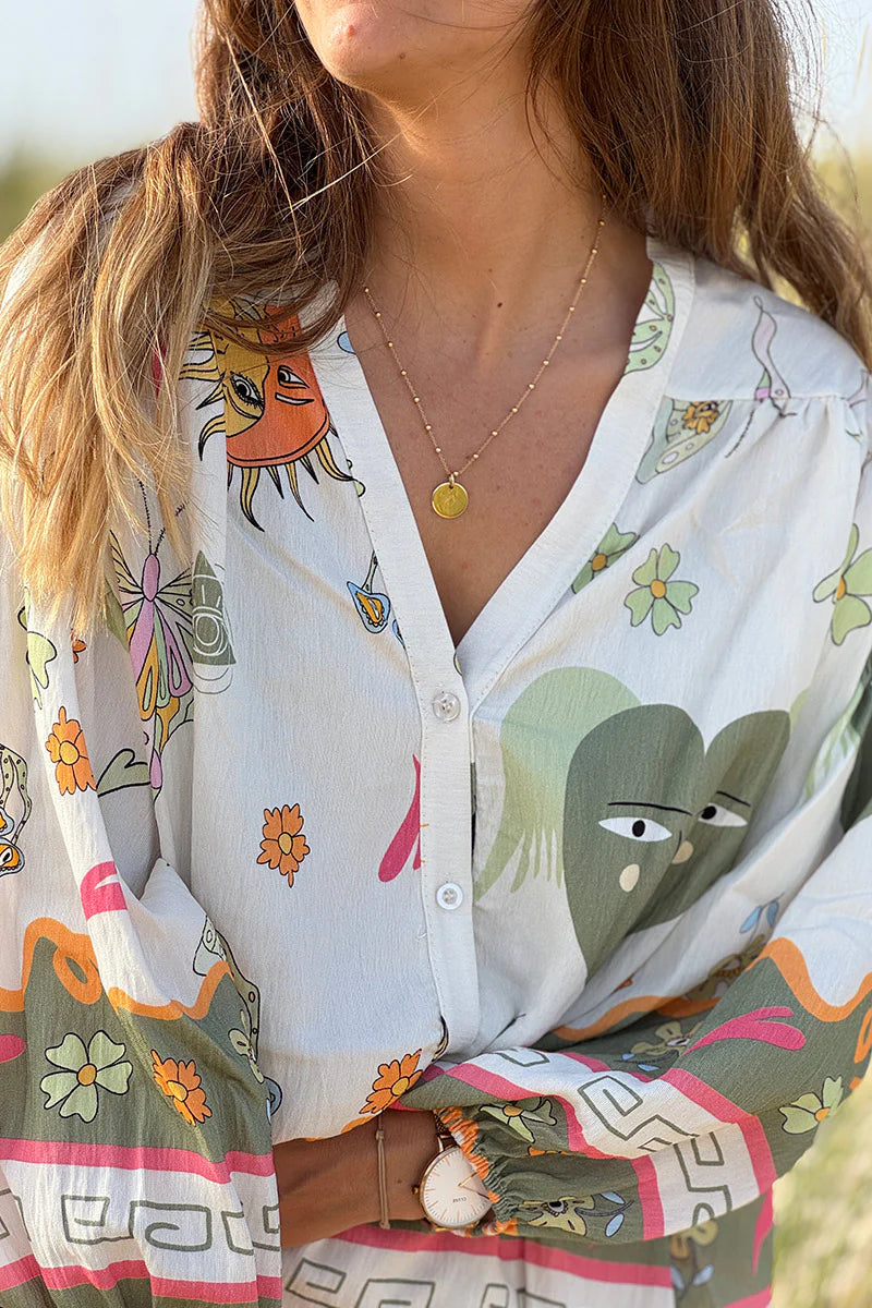 Olive Border Print Mystical Heart Boho Blouse