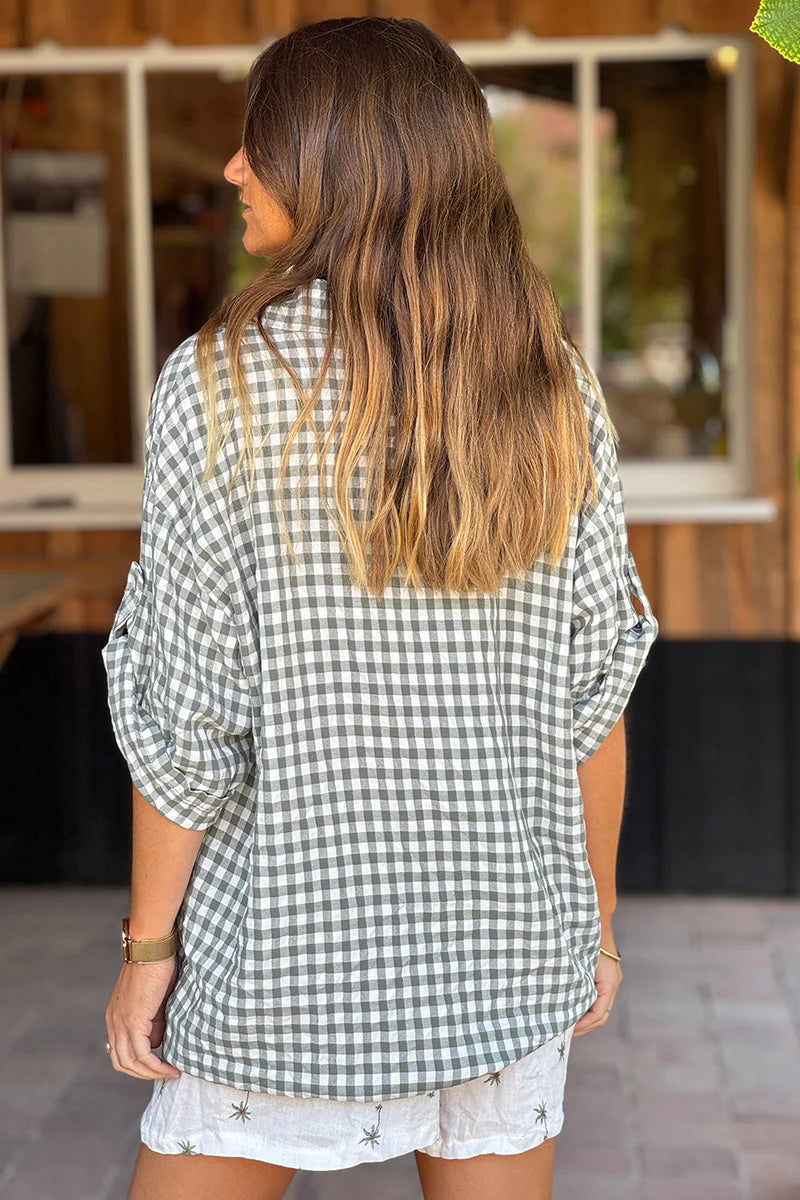 Olive Gingham Button-Down Blouse