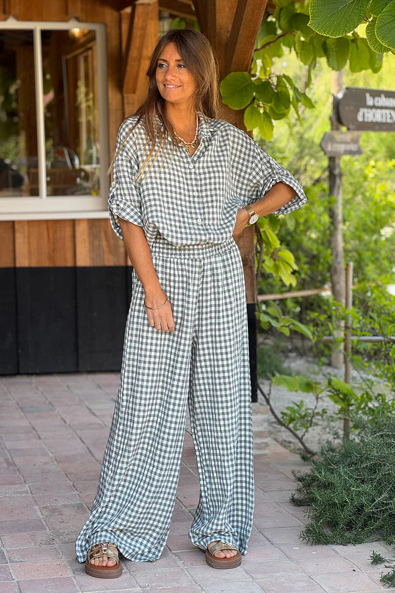 Olive Gingham Button-Down Blouse