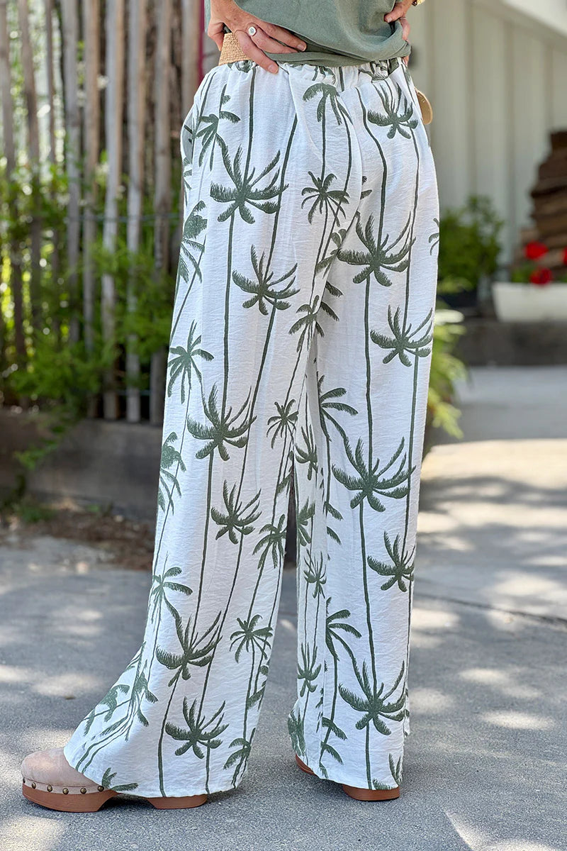 Olive Palm Belted Palazzo Pants