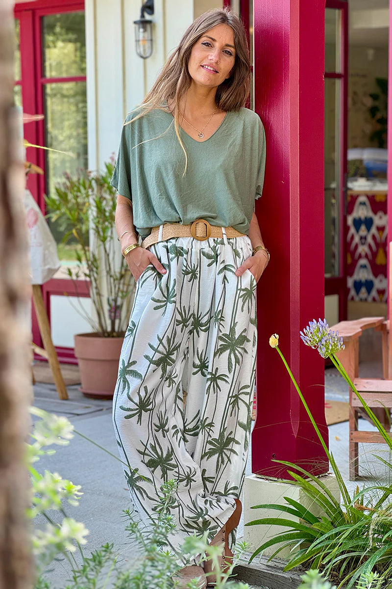 Olive Palm Belted Palazzo Pants