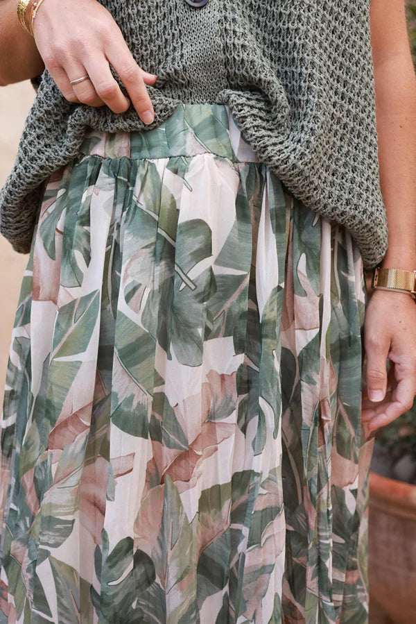Olive Leaf Chiffon Pleated Maxi Skirt