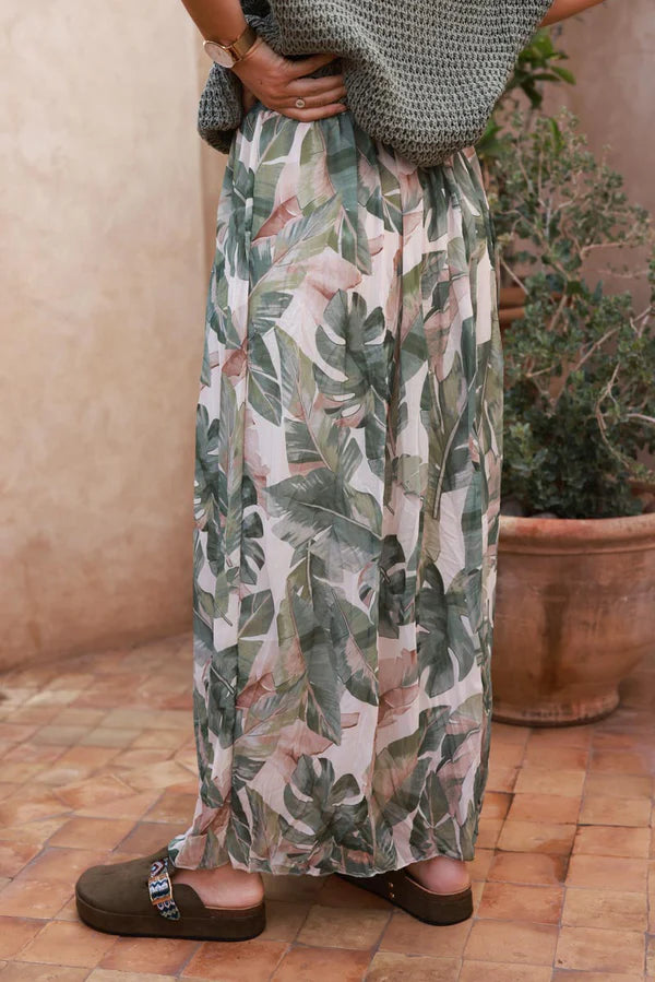 Olive Leaf Chiffon Pleated Maxi Skirt