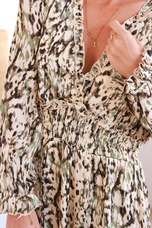 Olive Leopard Ruffled Trim Dress