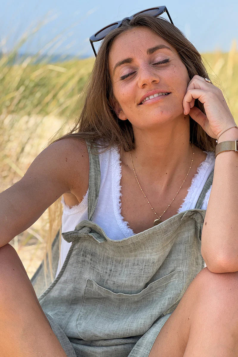 Olive Linen Romper Overalls