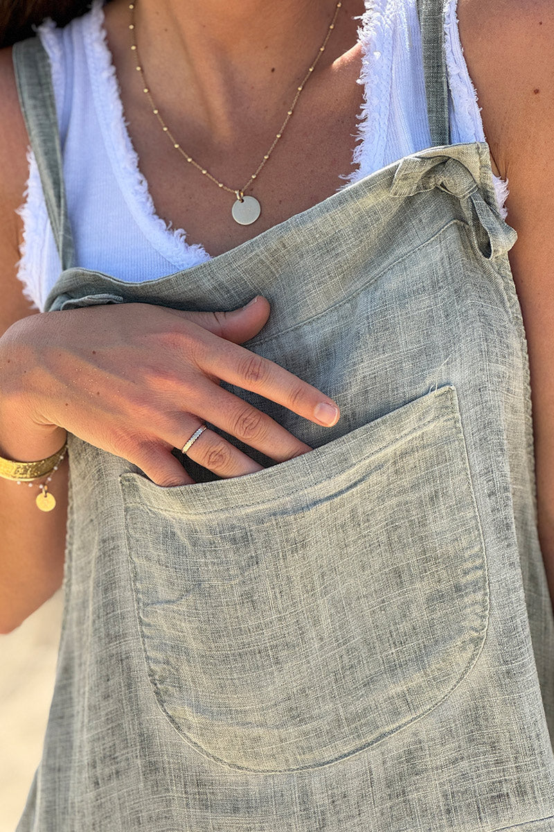 Olive Linen Romper Overalls