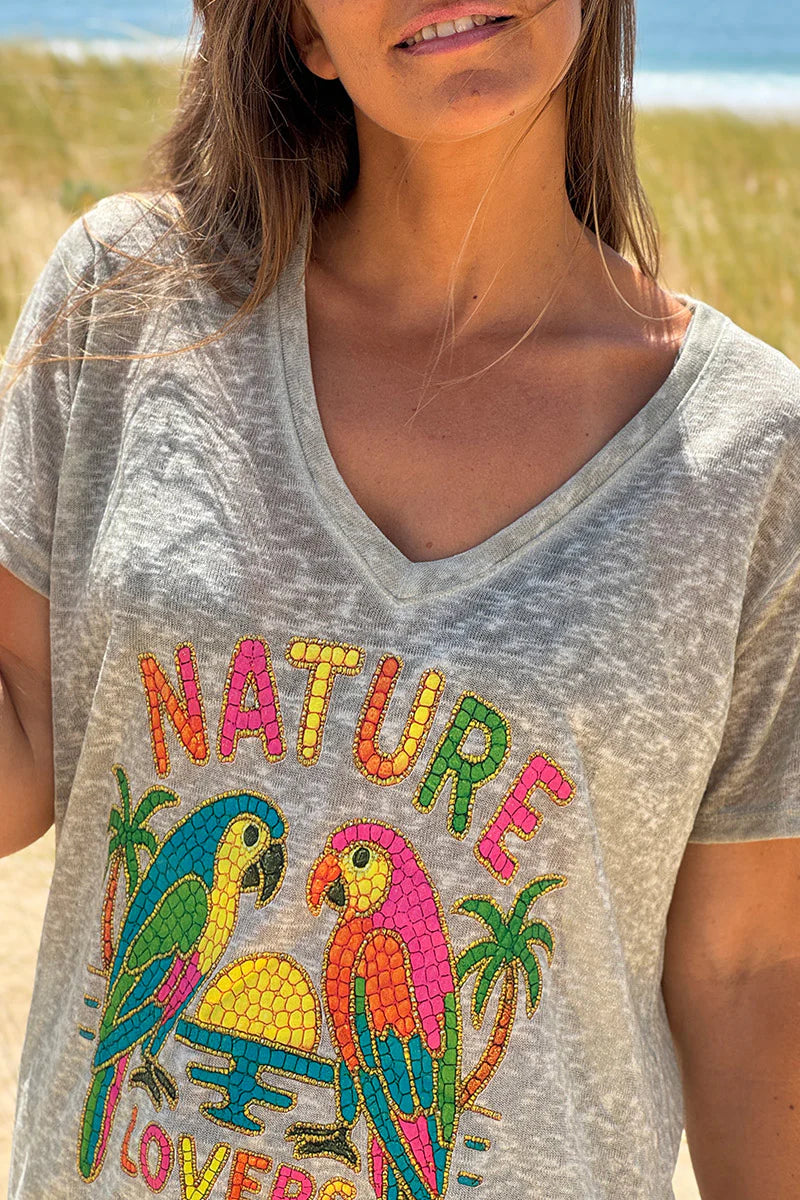 Olive Nature Lovers Parrot Print Slub Knit Tee