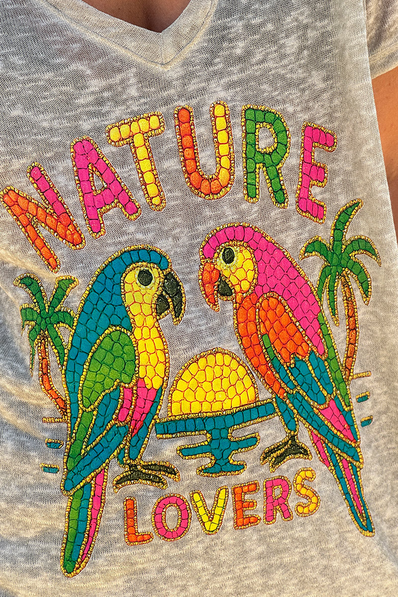 Olive Nature Lovers Parrot Print Slub Knit Tee