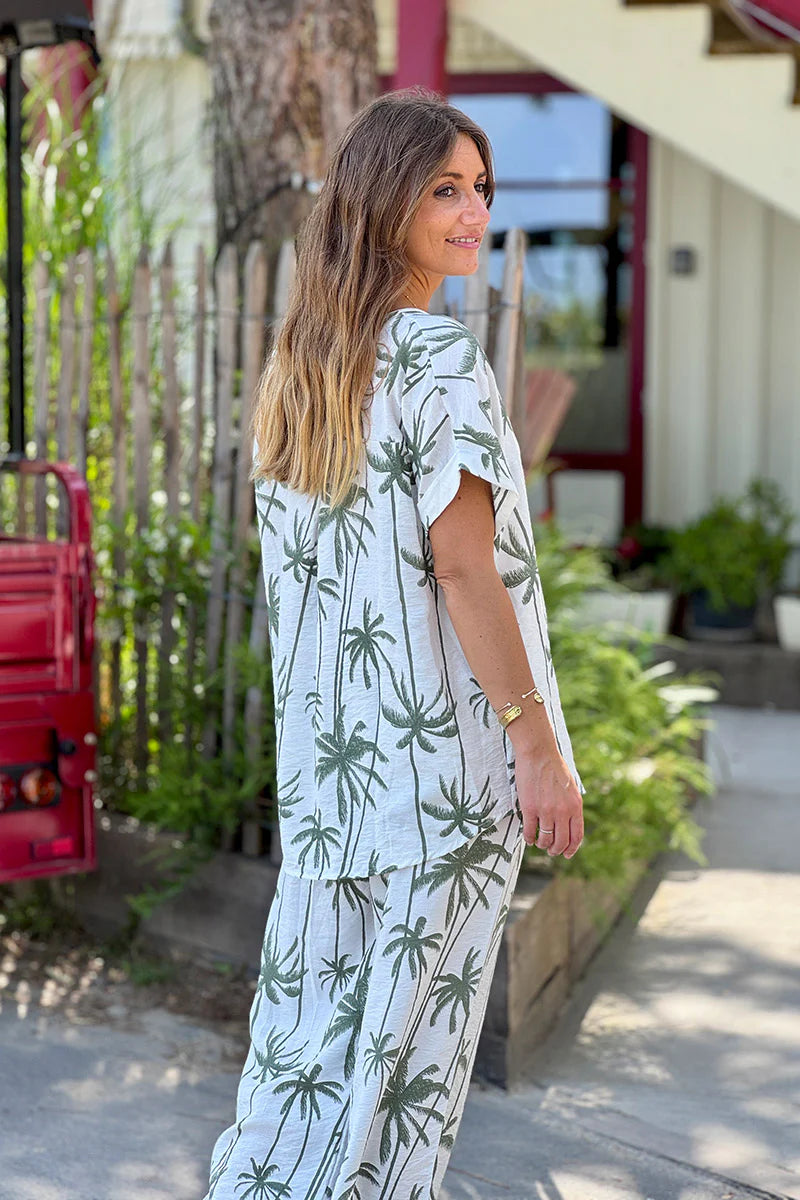 Olive Palm Decorative Button Blouse