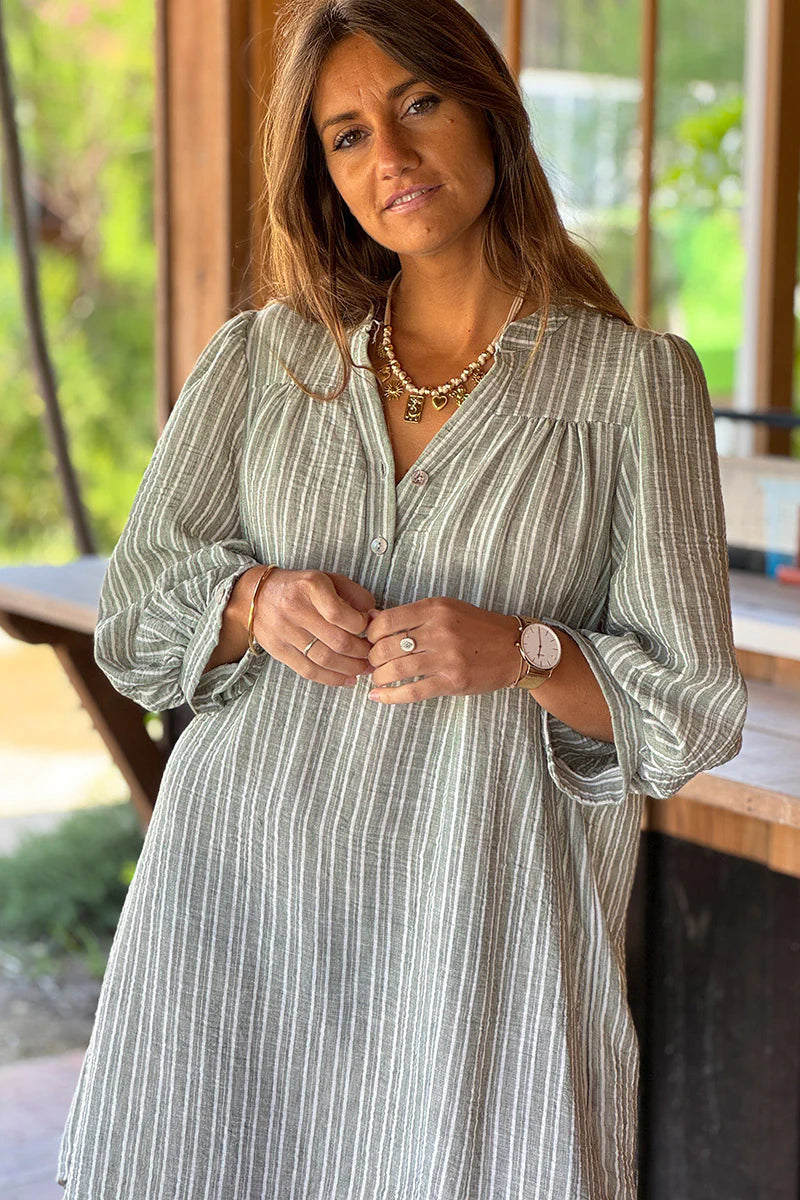 Olive Pinstripe Linen Cottage Dress