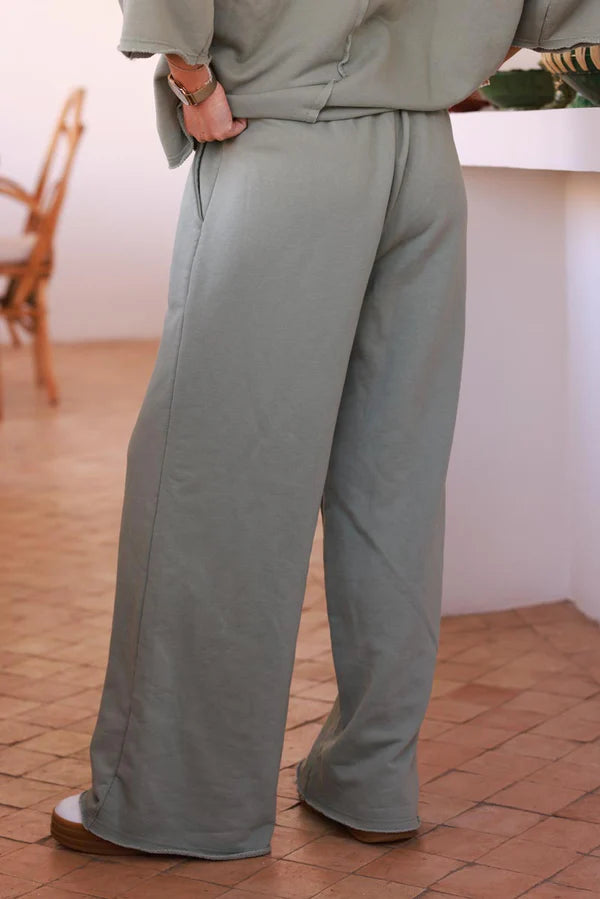 Olive Raw Hem Casual Jersey Pants