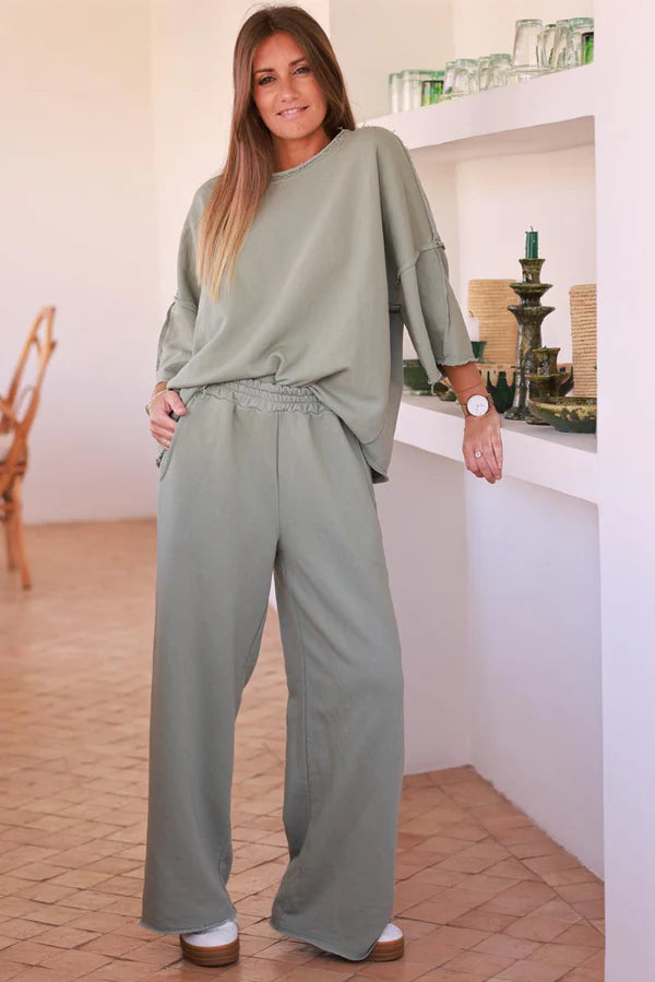 Olive Raw Hem Casual Jersey Pants