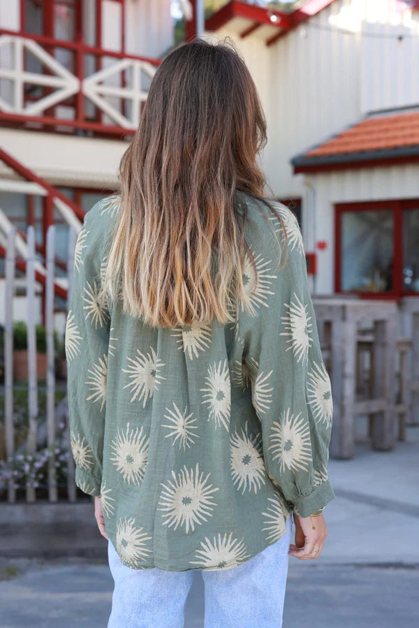 Olive Starburst Cotton Boho Button-Down Blouse