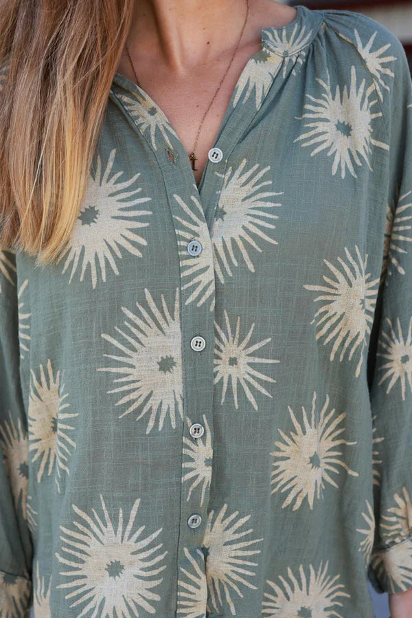 Olive Starburst Cotton Boho Button-Down Blouse