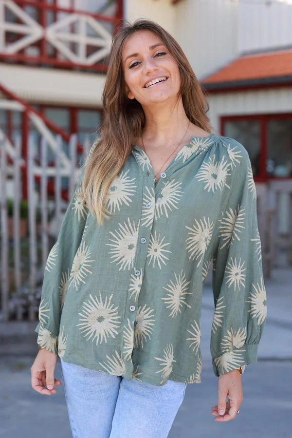 Olive Starburst Cotton Boho Button-Down Blouse