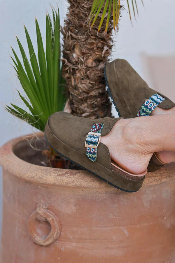 Olive Sueded Mules with Tribal Woven Strap