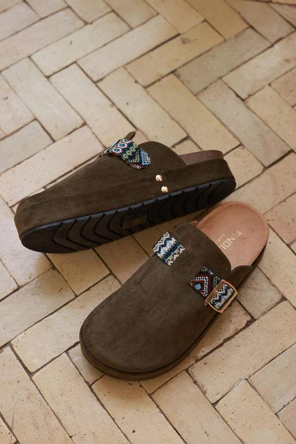 Olive Sueded Mules with Tribal Woven Strap