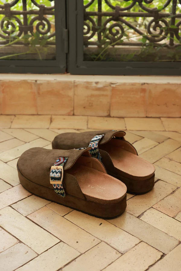 Olive Sueded Mules with Tribal Woven Strap