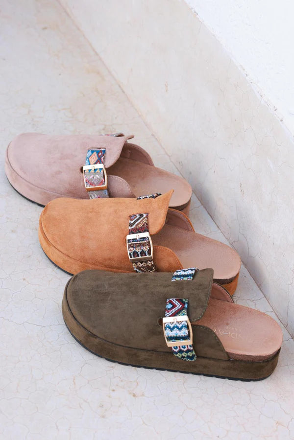 Olive Sueded Mules with Tribal Woven Strap