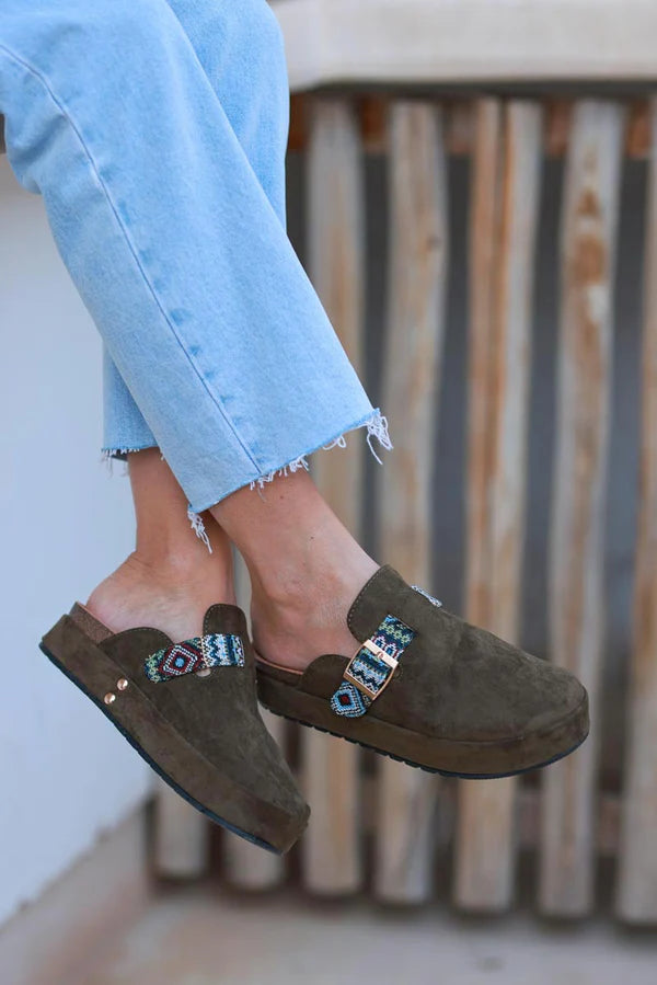 Olive Sueded Mules with Tribal Woven Strap