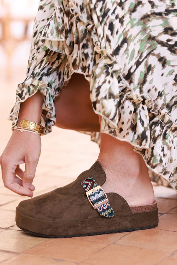 Olive Sueded Mules with Tribal Woven Strap