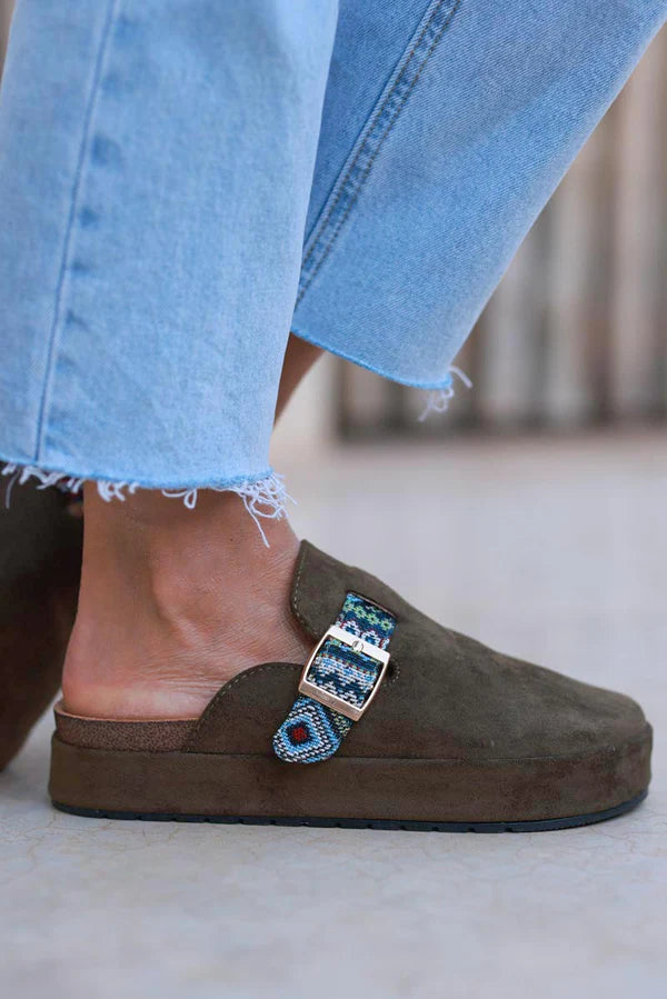 Olive Sueded Mules with Tribal Woven Strap