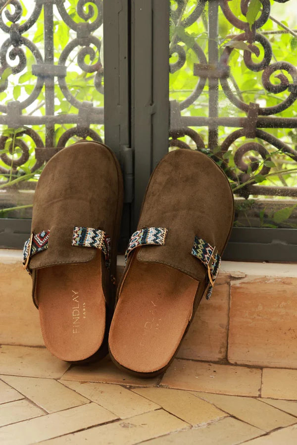 Olive Sueded Mules with Tribal Woven Strap