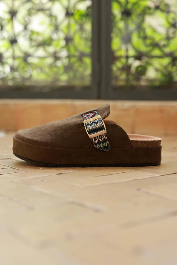 Olive Sueded Mules with Tribal Woven Strap