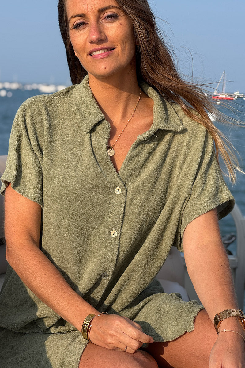 Olive Terry Cloth Shirt Dress