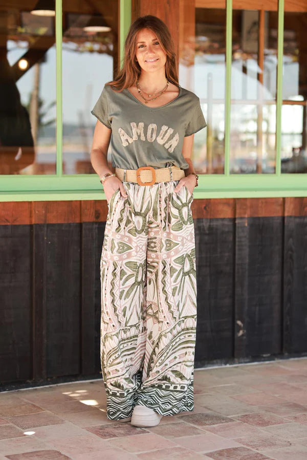 Olive Tiki Print Viscose Pull-On Pants + Belt included