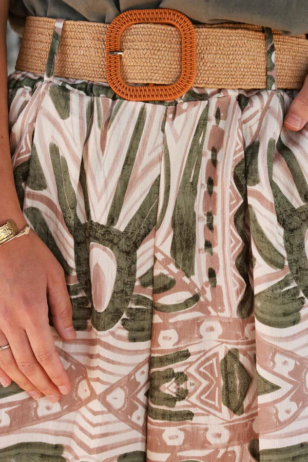 Olive Tiki Print Viscose Pull-On Pants + Belt included