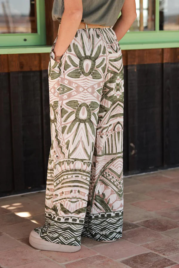 Olive Tiki Print Viscose Pull-On Pants + Belt included