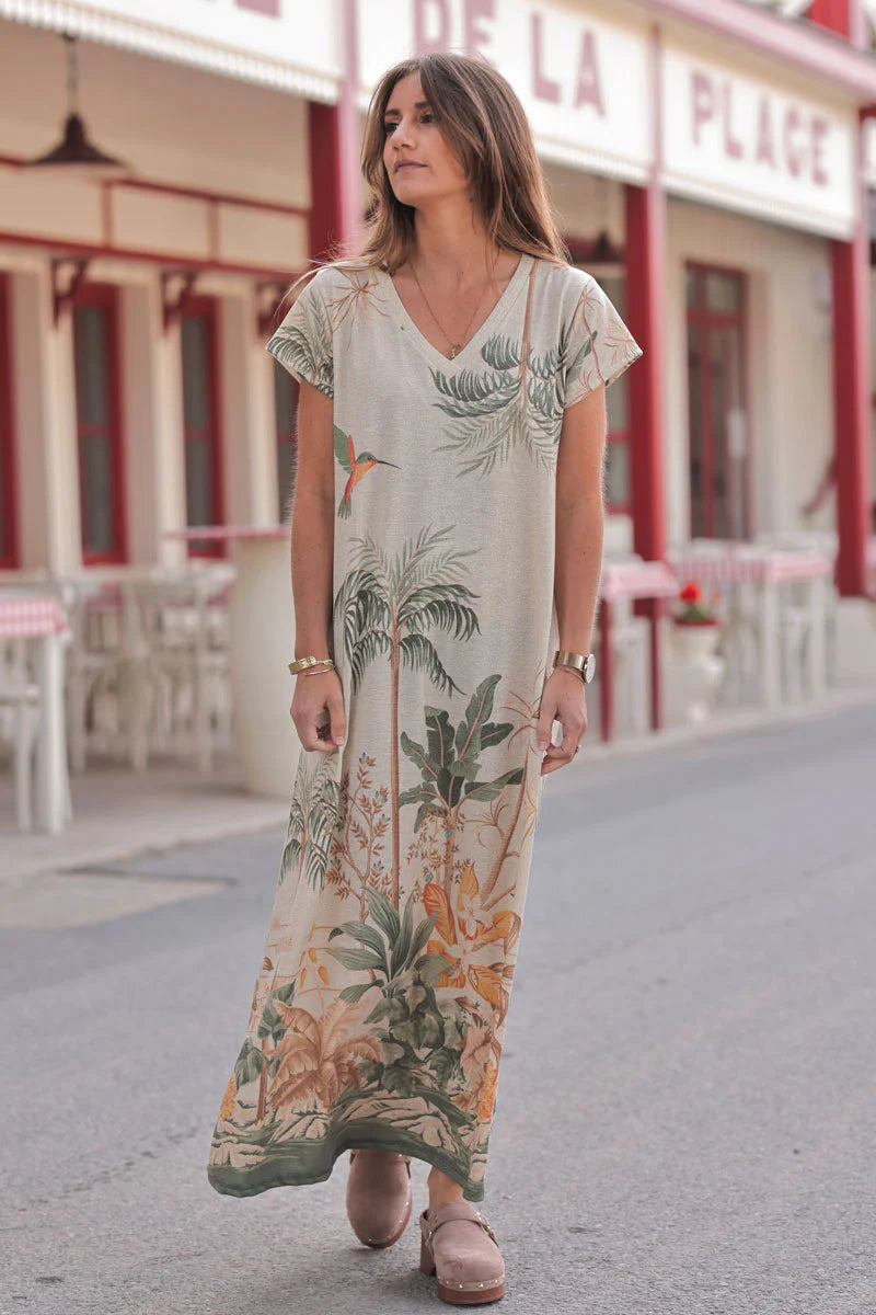 Olive Tropical Escape V-Neck Maxi Dress