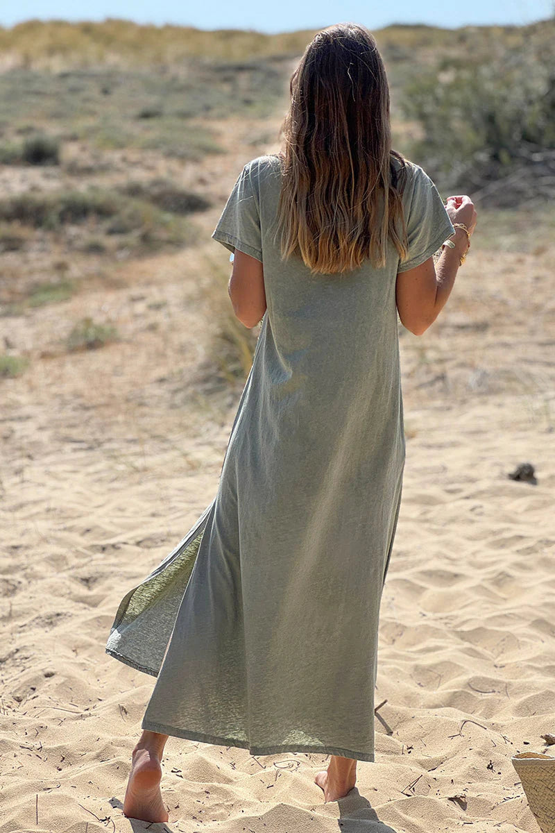 Olive Vintage Rock V-Neck T-Shirt Dress