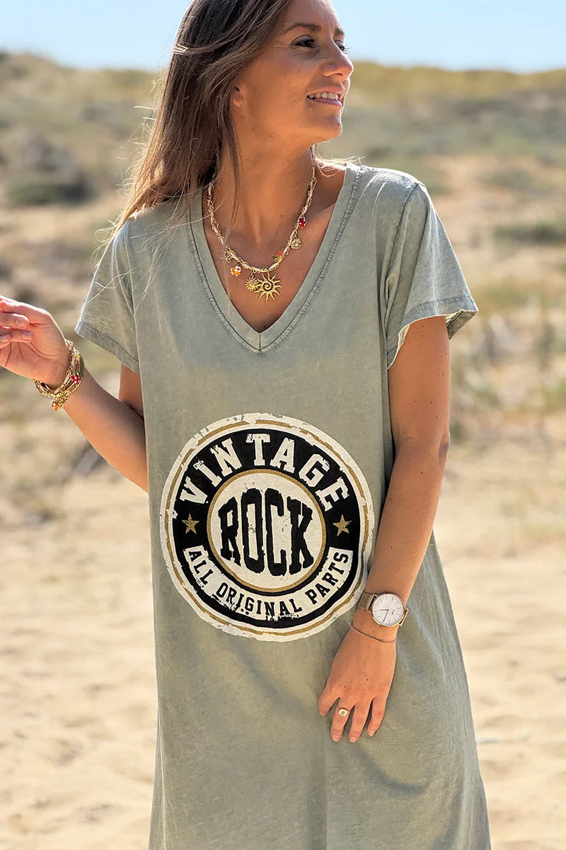 Olive Vintage Rock V-Neck T-Shirt Dress