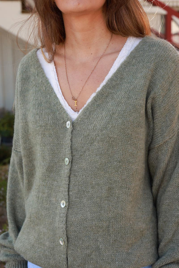Olive Wool Blend V-Neck Knit Cardigan
