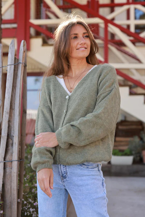 Olive Wool Blend V-Neck Knit Cardigan