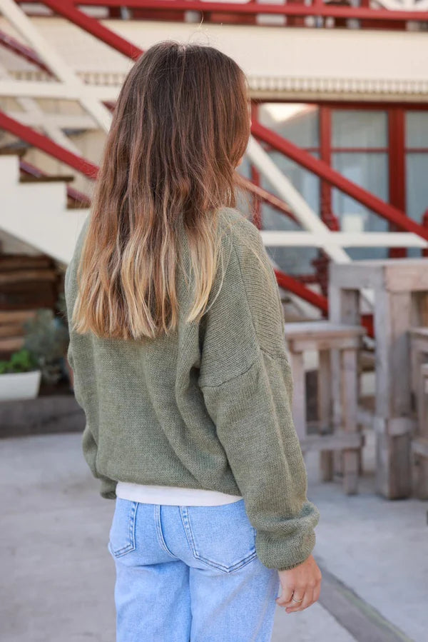 Olive Wool Blend V-Neck Knit Cardigan