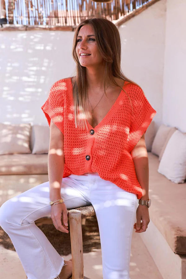 Orange Chunky Knit Cap-Sleeve Cardigan