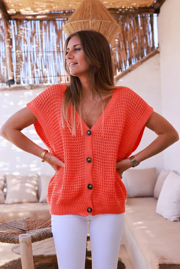Orange Chunky Knit Cap-Sleeve Cardigan