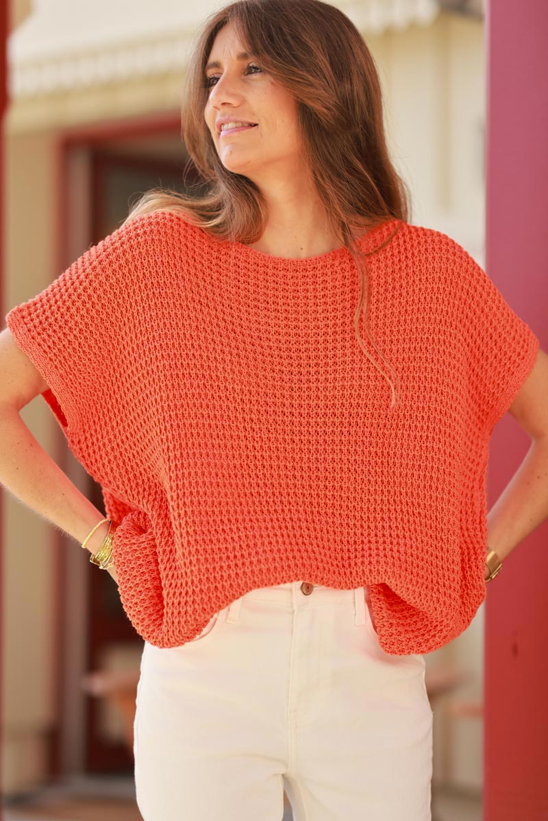 Orange Crochet Knit Cap-Sleeve Top